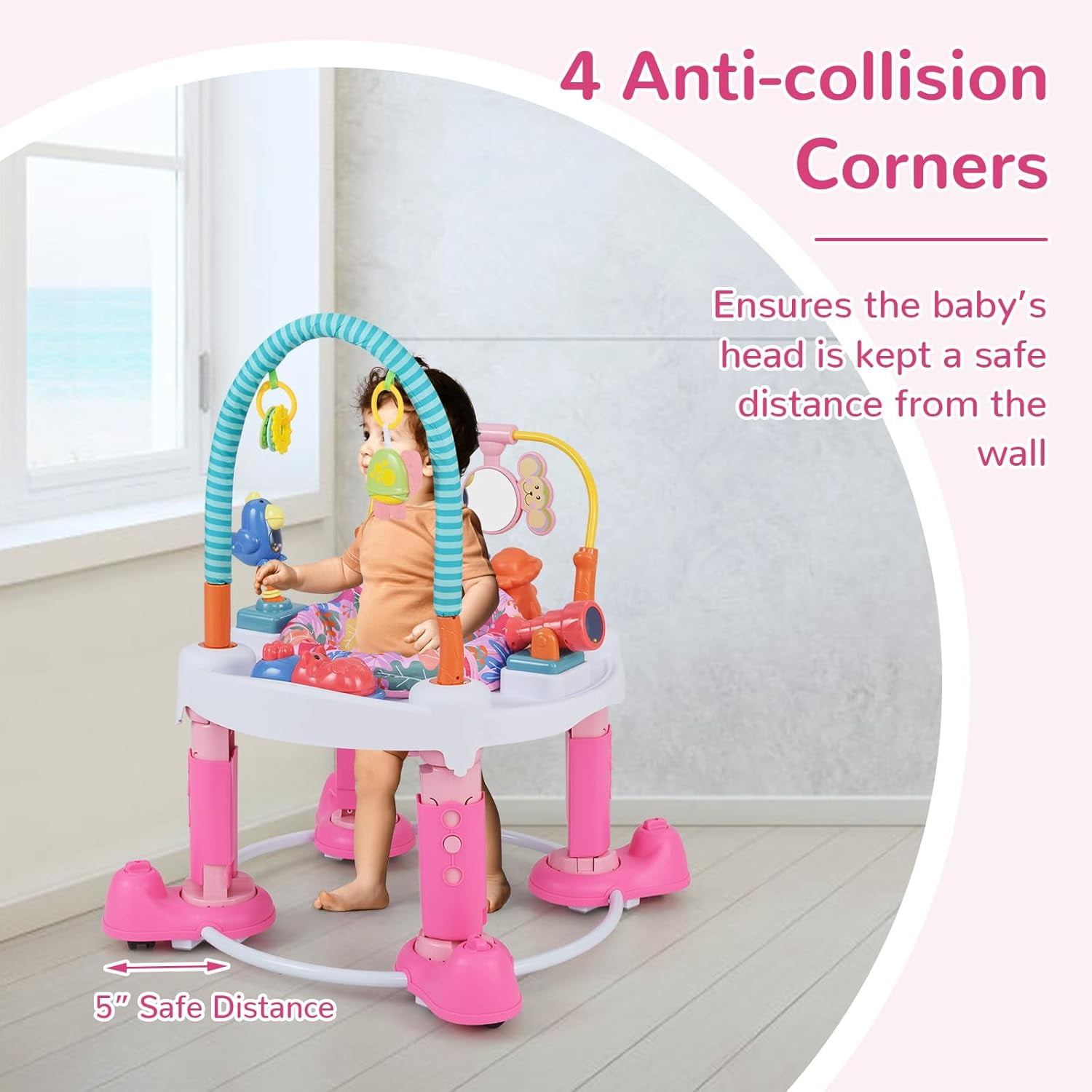 INFANS 5 in 1 Baby Activity Center with 8 Toys, Play Mat, 360°Rotating Seat, Foldable Infant Learning Table with 3 Adjustable Height for 0-24 Months