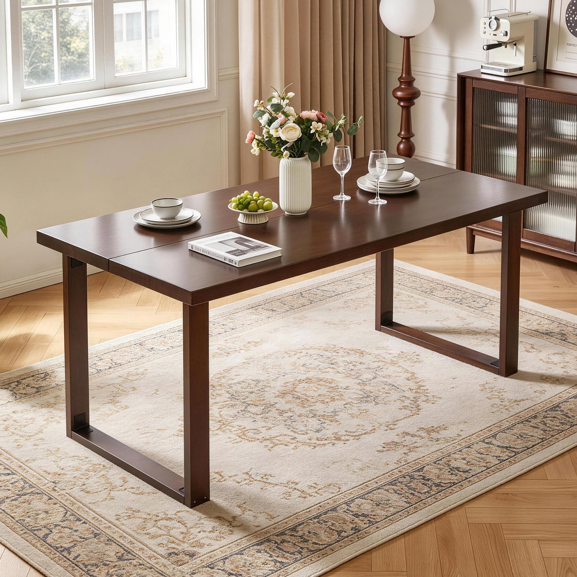 180cm Large Solid Wood Dining Table, Mid‑Century Modern Rectangular Solid Wood Kitchen Table, Dark Walnut Solid Wood Table for Dining Room Home Office