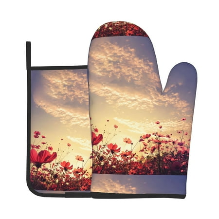 

Oven Gloves Hot Pads For Kitchen Decor Beautiful Pink Red Flower Heat Resistant 2pcs For Cooking Baking Bbq
