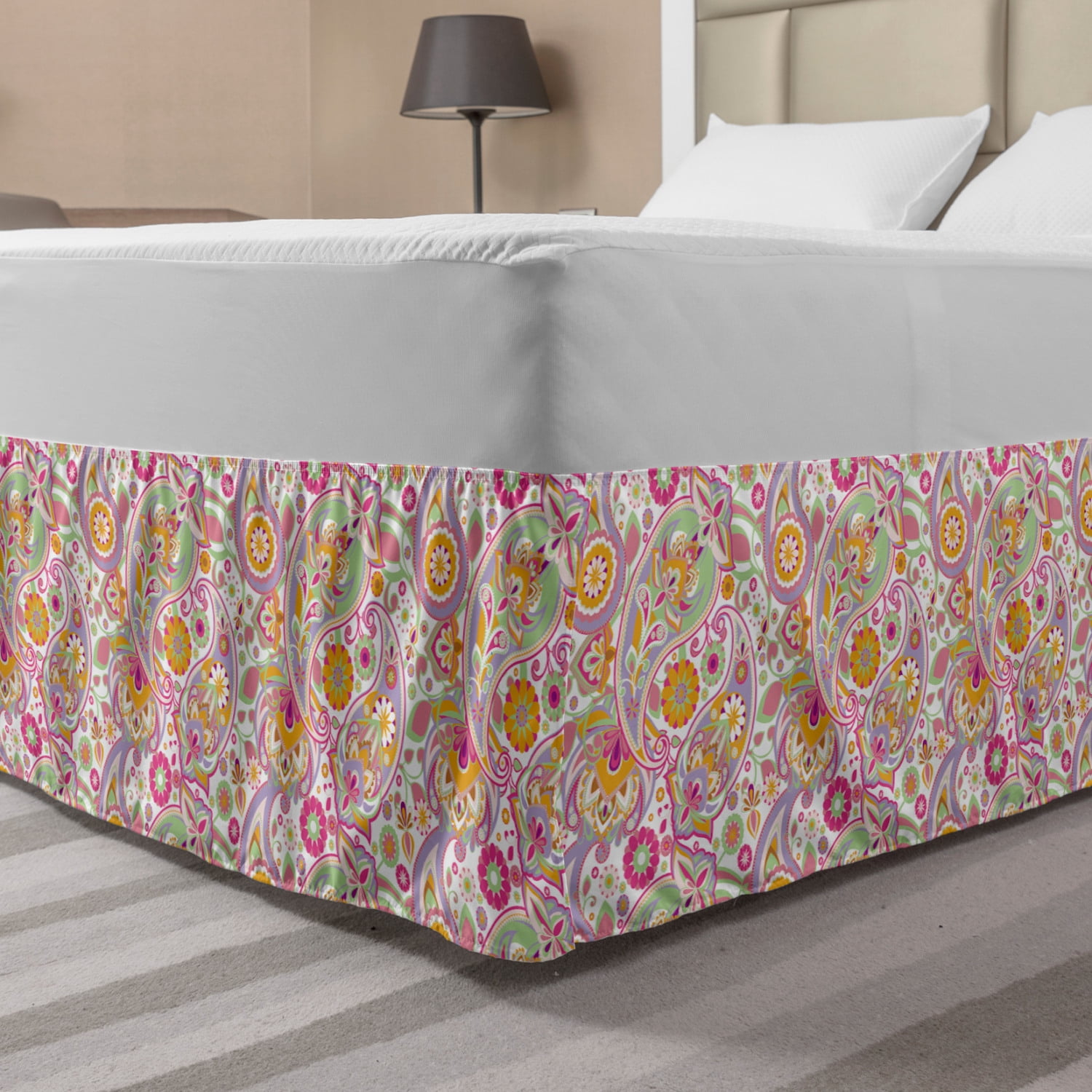 Paisley Bed Skirt, Traditional Inspired Elements Colorful Composition