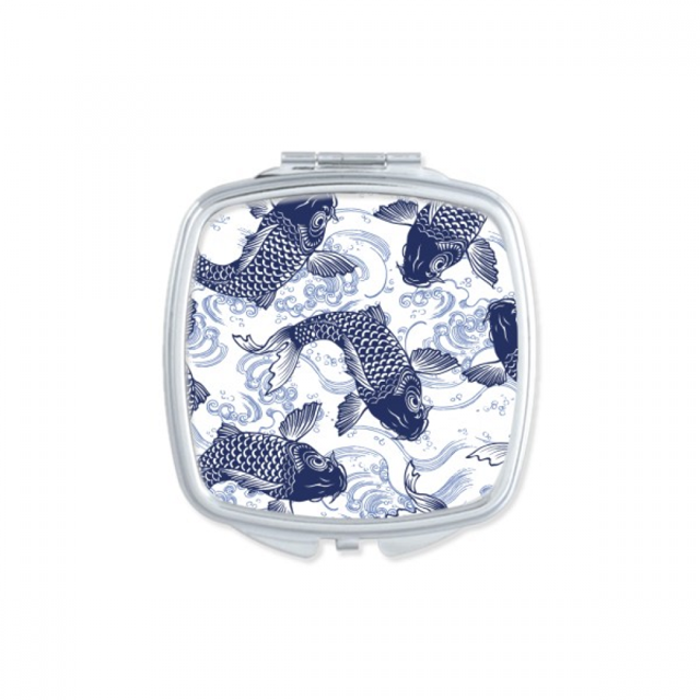 Carp Wave Blue Pattern Japan Square Mirror Portable Compact Pocket Makeup Double Sided Glass