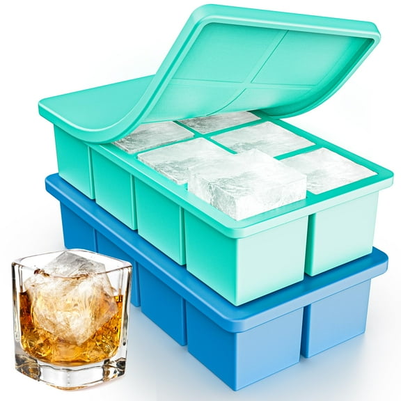 Silicone Large Ice Cube Trays 2 Pack, 2 Inch Big Square Ice Molds for Whisky Bourbon Cocktails, Slow Melting Ice Cubes with Lid, Stackable Space Saving Freezer Design, Dishwasher Safe, Blue