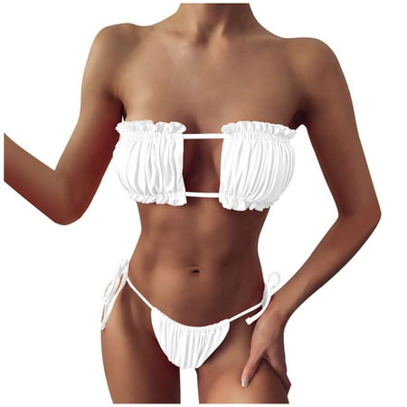 Women Bandeau Bikini Set  Women s Sexy Smocked Two Piece Swimsuits Fashion Ruffle Trim Bathing Suit Tie String Thong