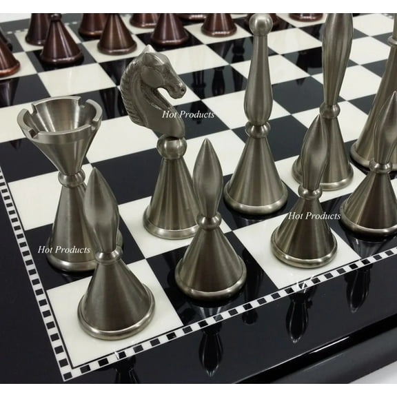 Brass Metal Modern Art Deco Staunton Chess Set W/ 15" Black  White Gloss Board