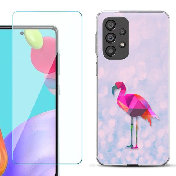 Slim-Fit Gel TPU Phone Case for Samsung Galaxy A33 5G, with Tempered Glass Screen Protector, by OneToughShield ® - Flamingo / Polygon