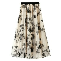 Lu's Chic Women's Tulle Midi Skirt Pleated Summer Floral Elastic Waist Tea-length Layered Butterfly High Waisted Floral A-line Tutu Mesh Formal Prom Party Skirts Nude X-Small-Large