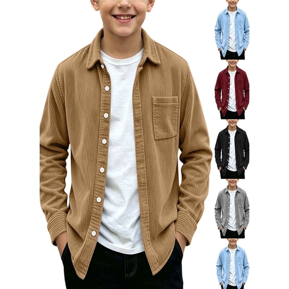 Kids Corduroy Shirt Jacket Boys and Girls Collared Button Front Long Sleeve Casual Coat for School and Fall Layering Ages 5-15