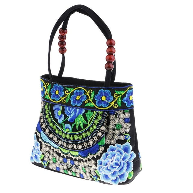 Bolso de mano étnico con bordado bohemio de lona y flores para mujer, bolso de viaje E-Multicolor1