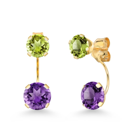 Gem Stone King 14K Yellow Gold Purple Amethyst and Green Peridot Stud Earrings for Women | 3.10 Cttw | Gemstone February Birthstone | Round 6MM