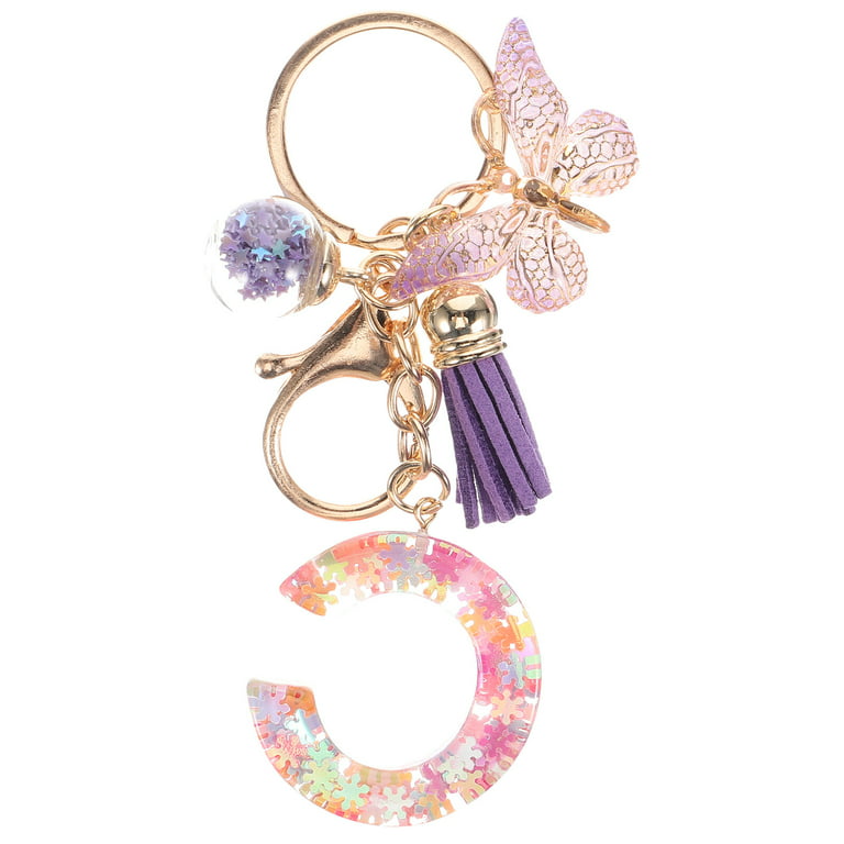 Tassel Letter Keychain Resin Key Holder Women Butterfly Key Chain for Car  Keys (C Letter) 