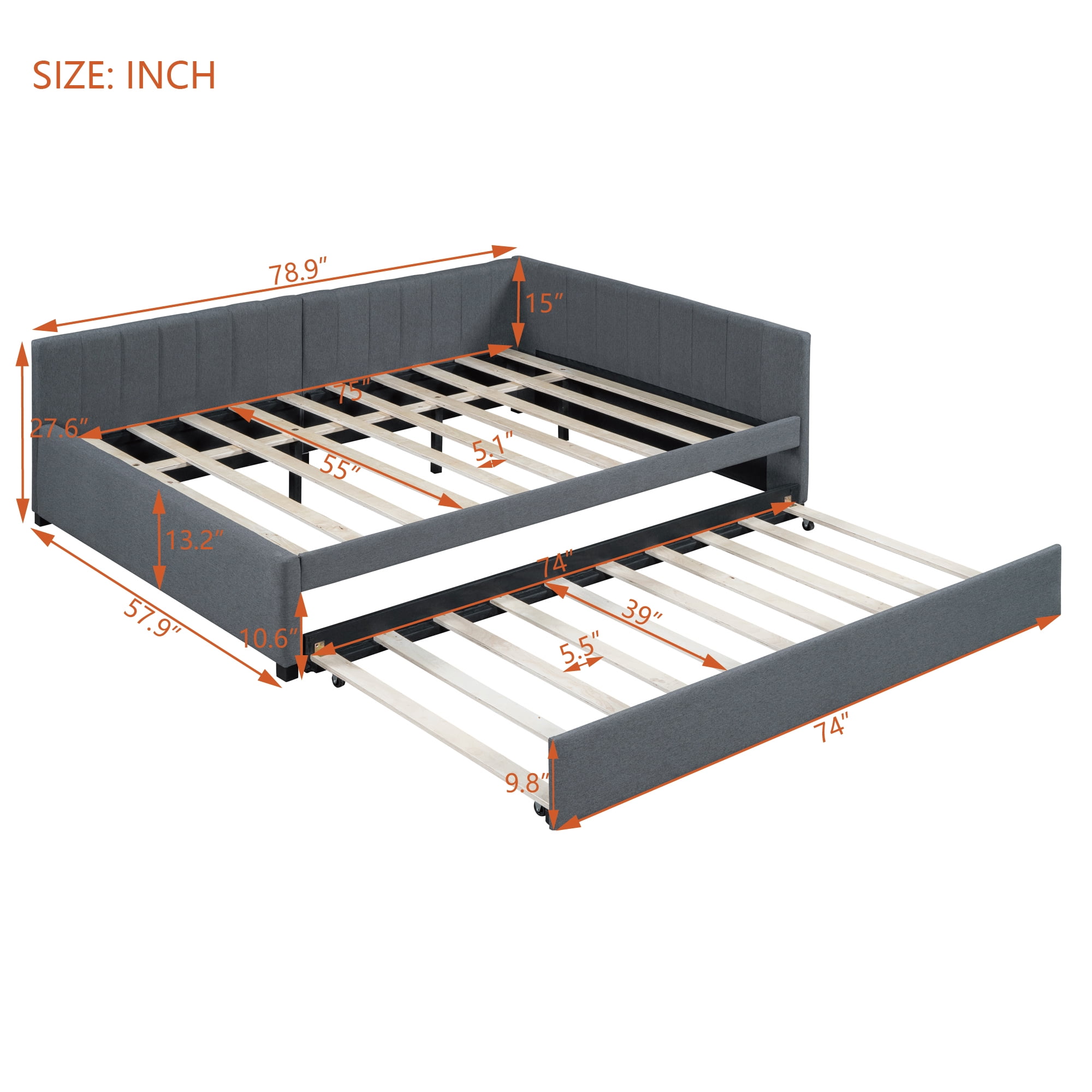 Aukfa Full Size Daybed with Trundle Bed, Upholstered Sofa Bed Frame, Gray