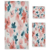 3 Piece Bath Towels Set Bath Towel, Hand Towel and Face Towel for Bathroom, Gym, Hotel Coral and Teal Floral Pattern