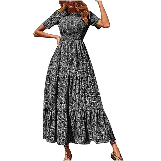 Vestido maxi largo con estampado de manga corta y cuello redondo bohemio para mujer Fridja bnh3489