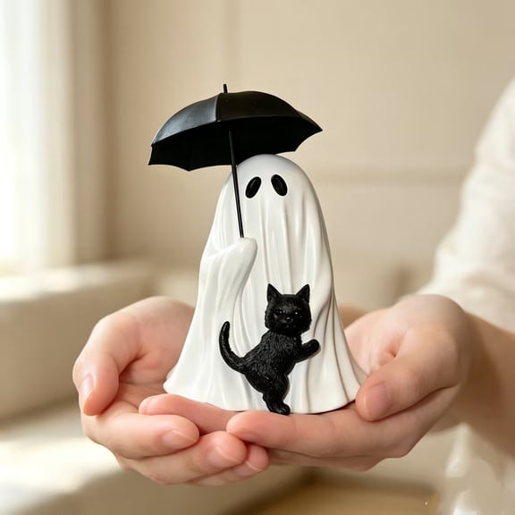 Halloween Decorations Clearance Whimsical Resin Ghost Figurine with Black Umbrella & Climbing Cat, Spooky Cute Halloween Tabletop Decor for Home Office Desk, Cat Lover Gift
