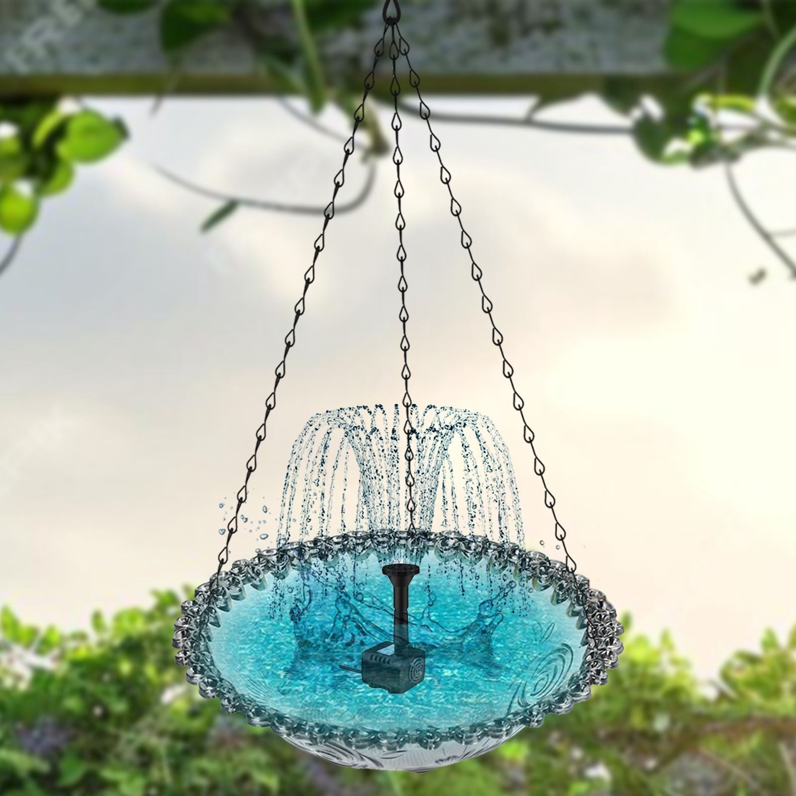 Solar Fountain BirdBath, Outdoor Hanging Bird Bath Fountain, Garden Hanging Hummingbird Bath Bowl Bird Shower with 7 Nozzles for Garden Lawn Yard