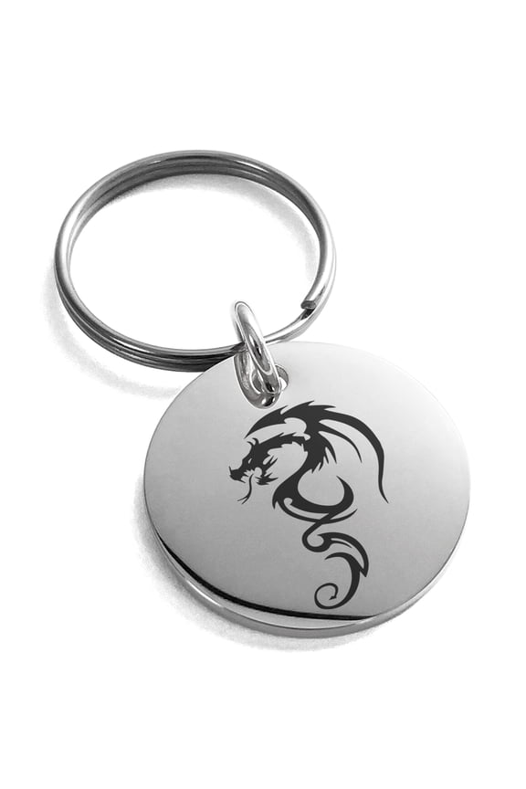 Stainless Steel Shadow Dragon Engraved Small Medallion Circle Charm Keychain Keyring