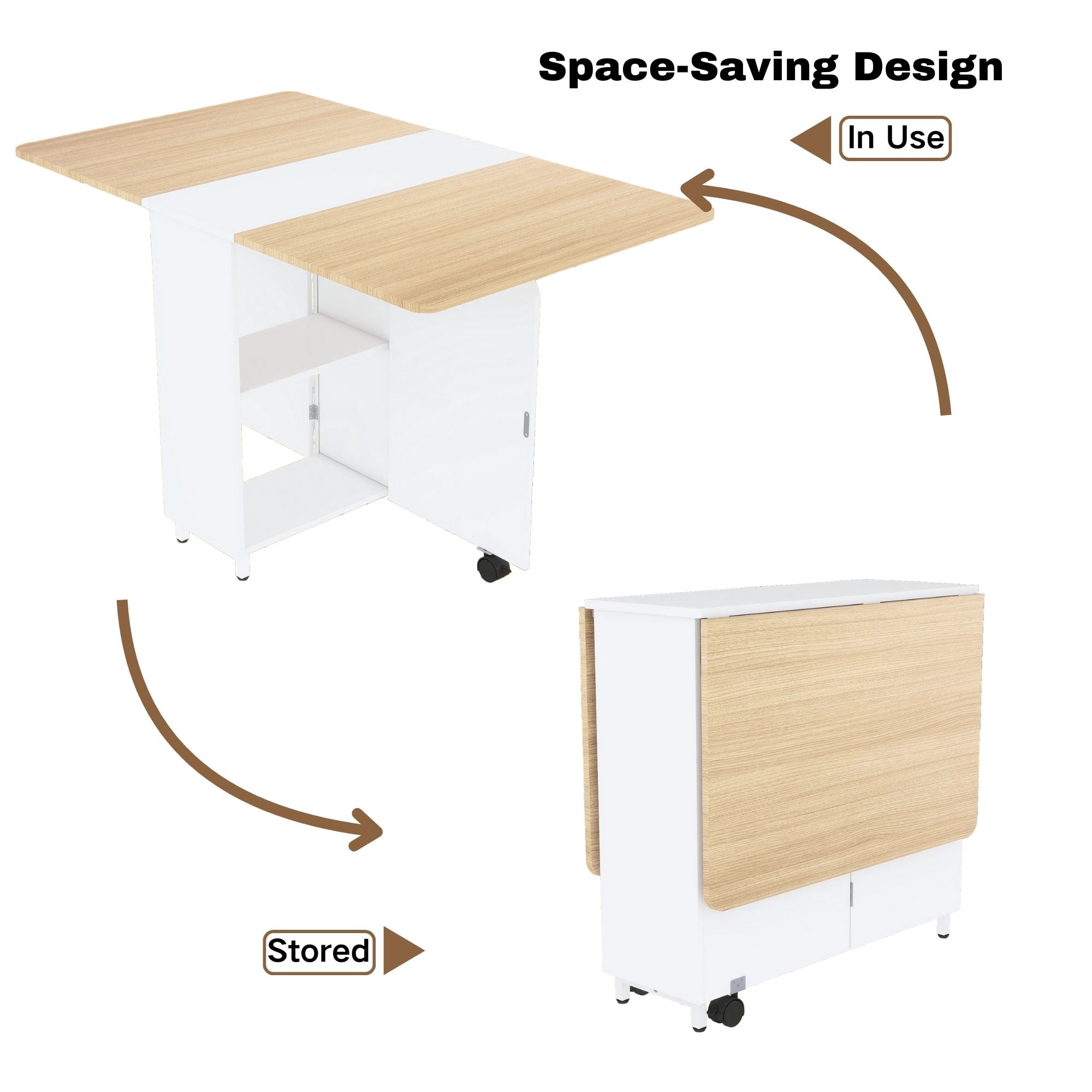 iSunirm Folding Dining Table with Storage, 51.2" Dining Table for 2-4 People, Wooden Dining Table with Under Cabinet, Desktop is Foldable., Portable Dining Table for Home, White & Nature
