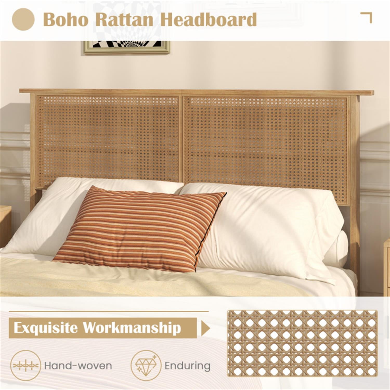 Demi Bonn Full Size Bed Frame with Rattan Headboard, Platform Bed Frame with 12 Strong Wood Slat Support, No Box Spring Needed, Beige