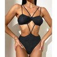 thumbnail image 3 of Traje de baño de bikini para mujer con tirantes dobles y espalda descubierta, traje de baño de una pieza de color puro con almohadillas para el pecho, negro M, 3 of 8