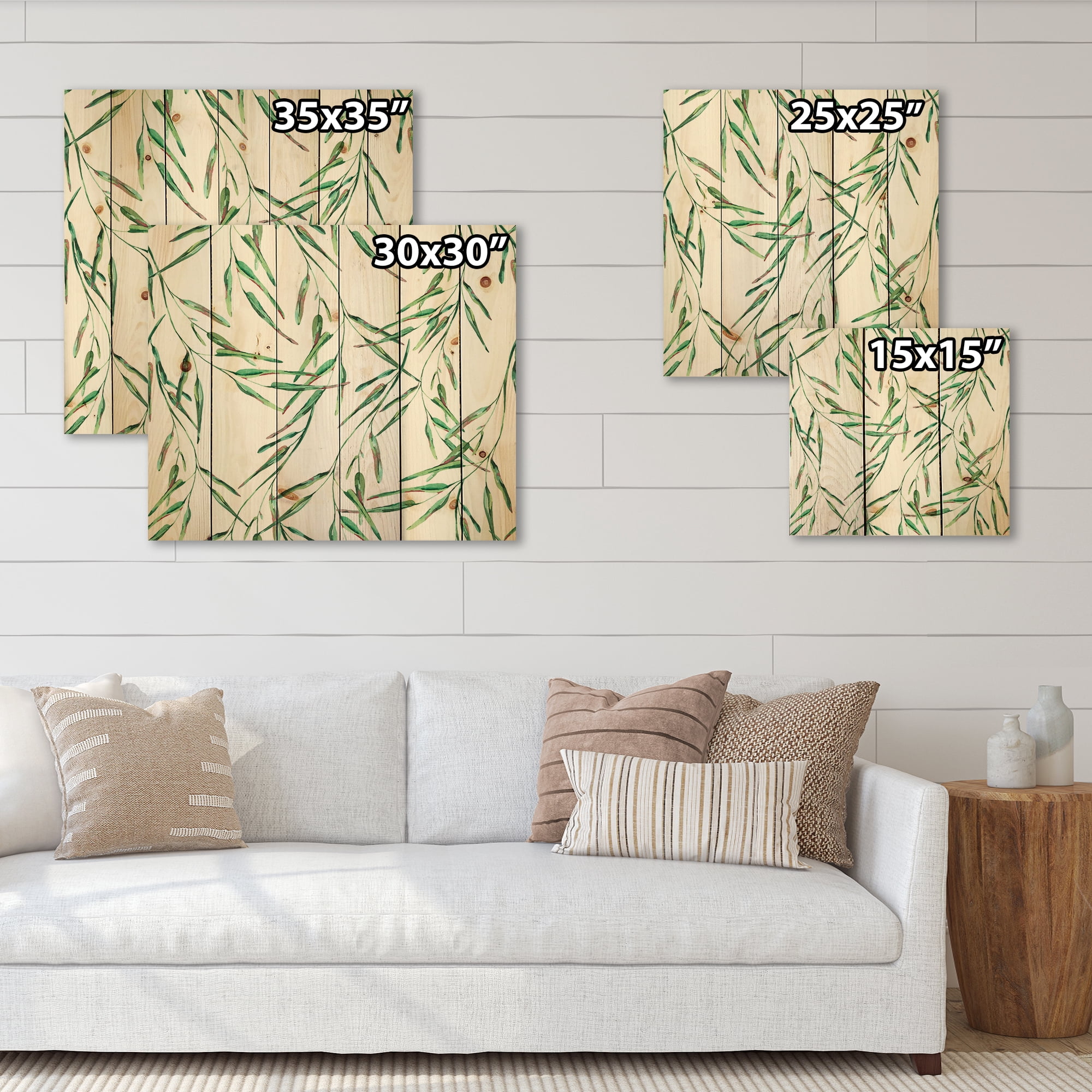 Designart 'Tropical Green Leaves On White In Summer Times II' Tropical Print on Natural Pine Wood