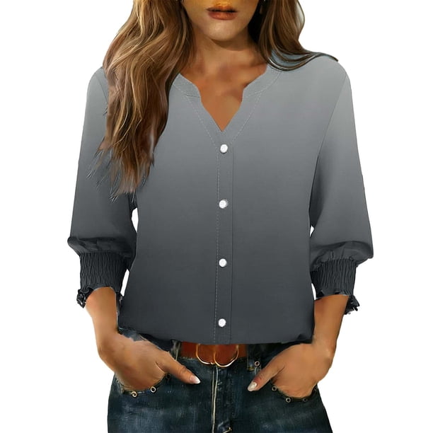 Camisas de Cuello de Tripulación de Manga Corta para las Mujeres, Cardigan con Cuello en V con Mangas 3/4