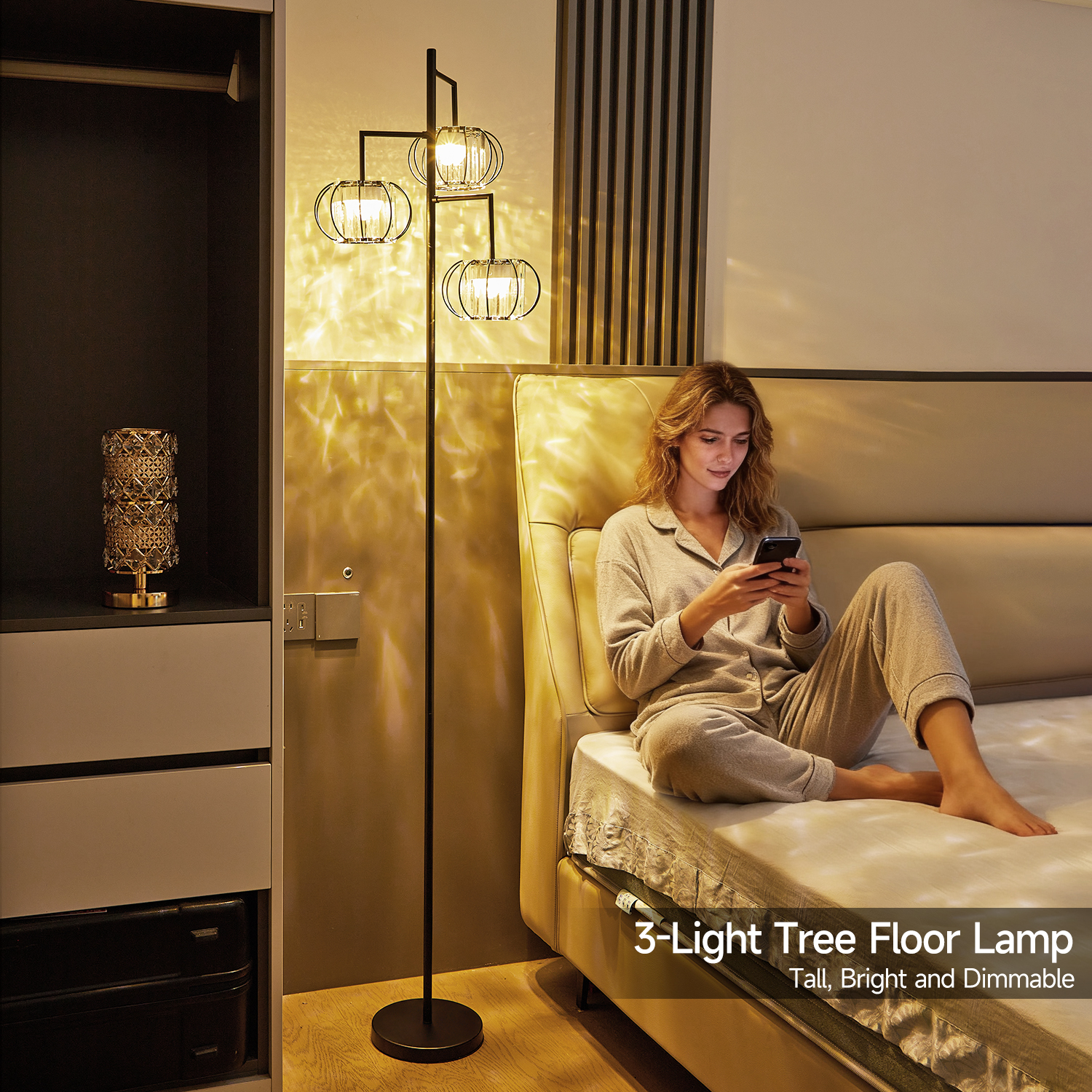 Crystal Floor Lamp with Wireless Rechargeable RGB Bulb, 15 Color Modes, Remote-Controlled Standing Light for Bedroom and Living Room