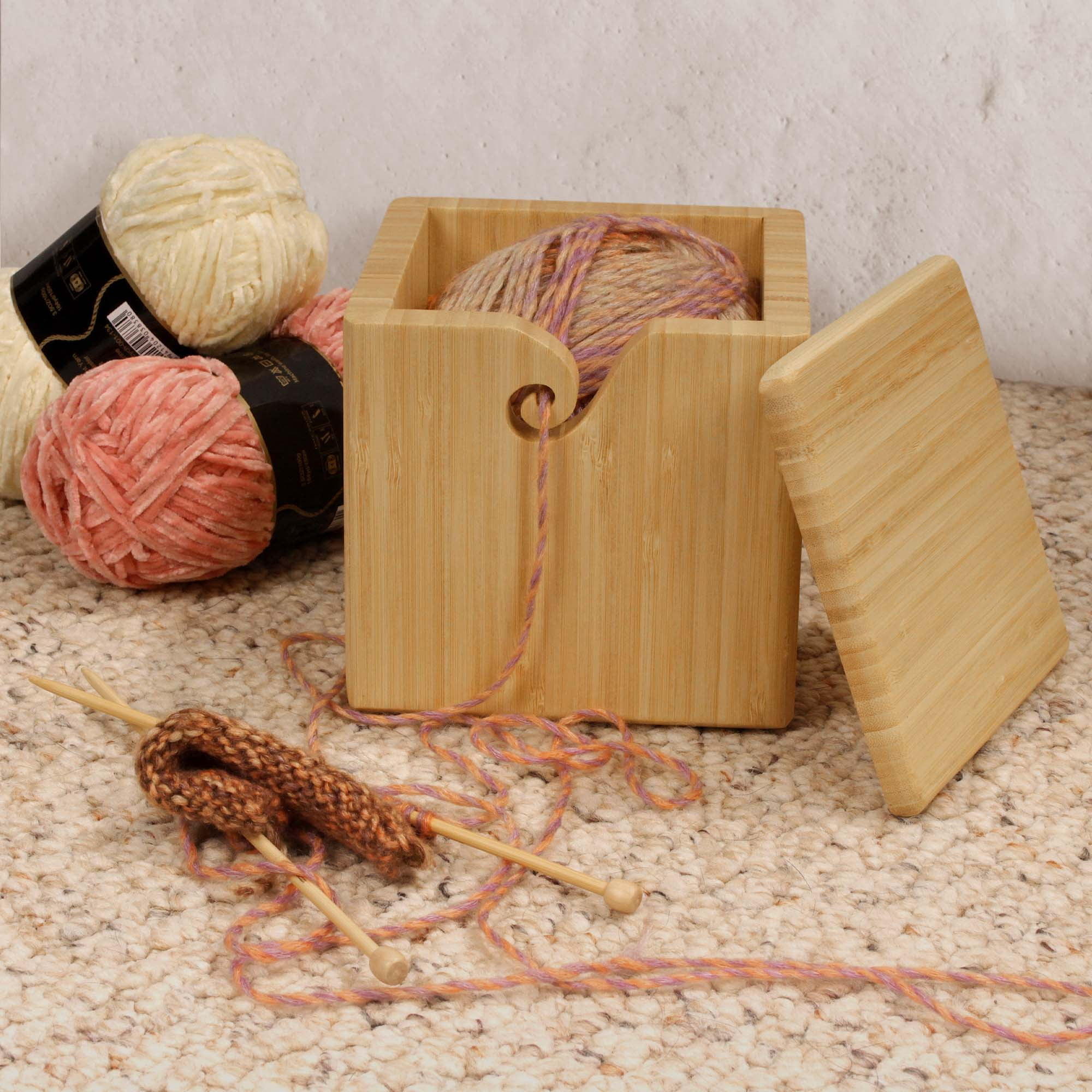 BambooMN Brand - Bamboo Yarn Bowl with Removable Lid -Yarn Holder for Knitting and Crochet - Natural Box