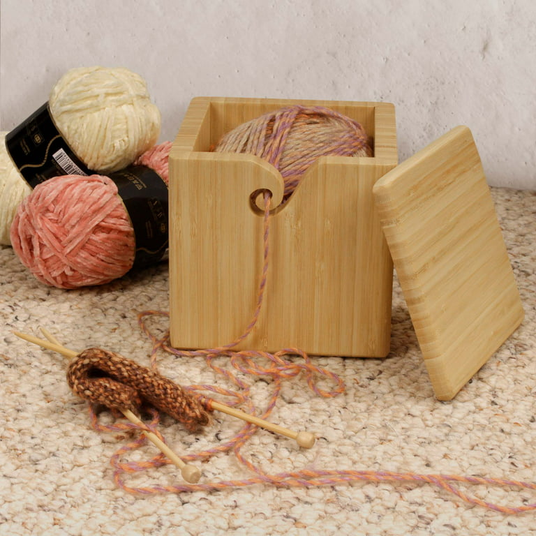 BambooMN Brand - Bamboo Yarn Bowl with Removable Lid -Yarn Holder for  Knitting and Crochet - Natural Box 