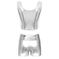 thumbnail image 4 of Zaldita Women's Club Outfits Shiny Metallic Leather Crop Top 2 Piece High Waist Gym Outfit Yoga Silver XL, 4 of 7