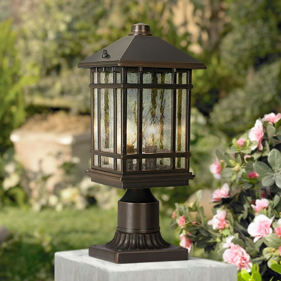 Kathy Ireland Sierra Craftsman Rustic Farmhouse Outdoor Post Light Rubbed Bronze 14" Seedy Glass for Exterior Barn Deck House Porch Yard Patio Home