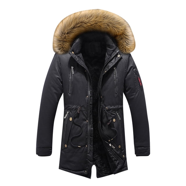 gibobby chamarra acolchada para hombre chaqueta con capucha para hombre, chaqueta de invierno para hombre, chaqueta con cremallera para hombre(negro,g) Chaqueta acolchada negra, vista frontal centrada; capucha con borde de pelo sintético, cierre central con cremallera y botones a presión, bolsillos con cremallera en el pecho y bolsillos laterales con cordón ajustable, puños y dobladillo elásticos y forro interior tipo terciopelo. Ideal para uso casual, viaje y actividades al aire libre; también adecuada como capa ligera para ciclismo o senderismo en clima frío.