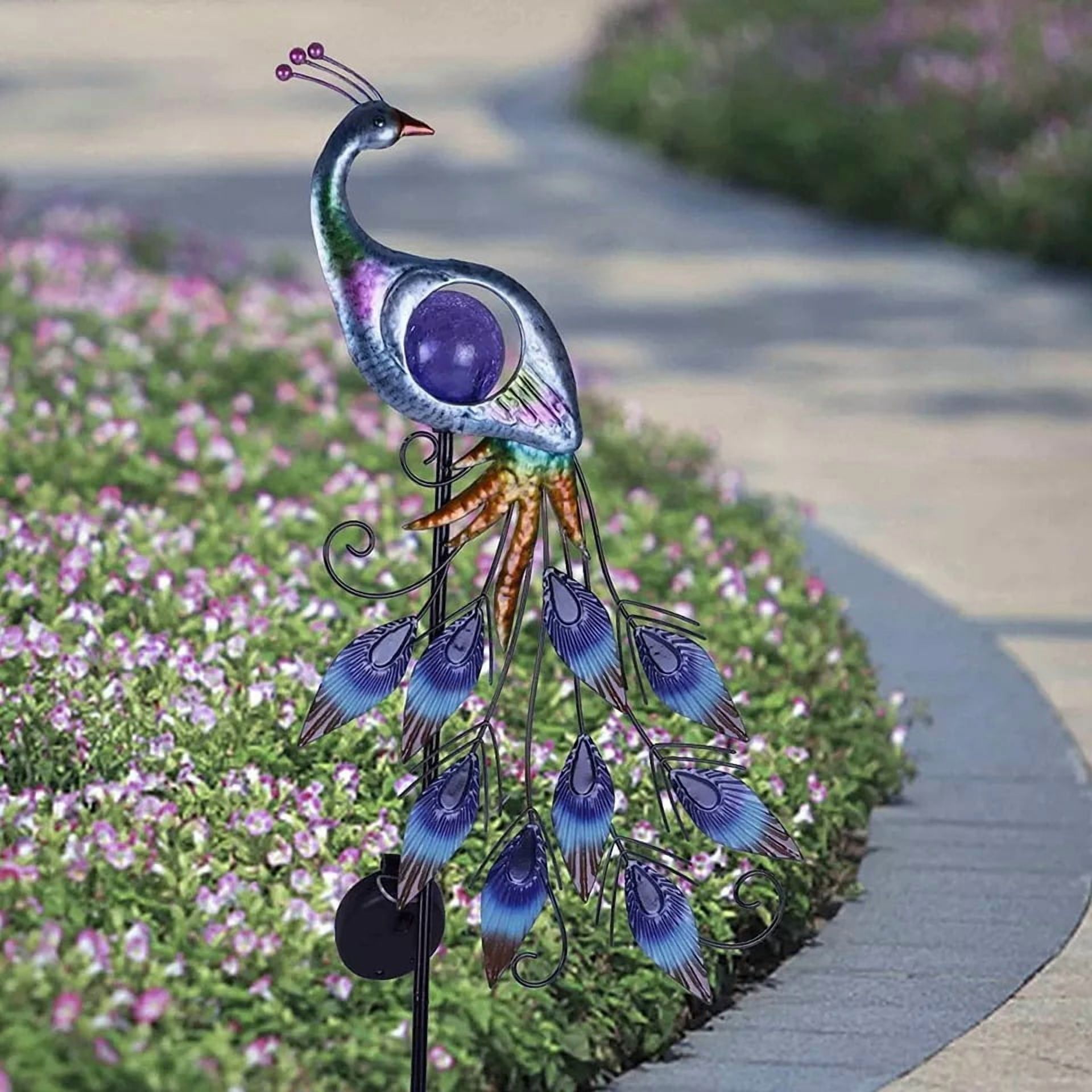 XZKING Peacock Solar Outdoor Lights 31.5'' Metal Lawn Ornaments for Outside with Crackle Glass Ball,Decorative Stake for Patio Yard Decorations