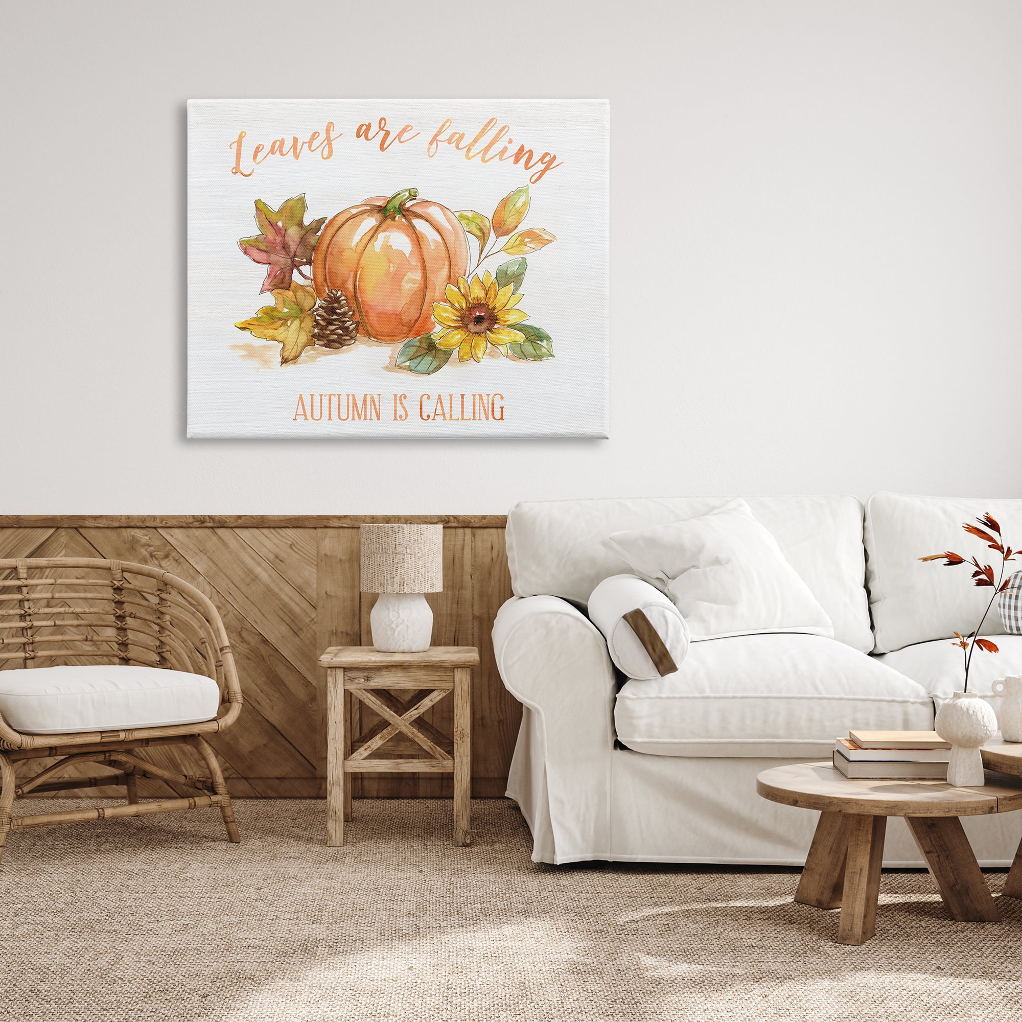 Stupell Indtries Leaves Falling Autumn Calling Sentiment Pumpkin Pinecone Sunflower,48 x 36,Design by Nan