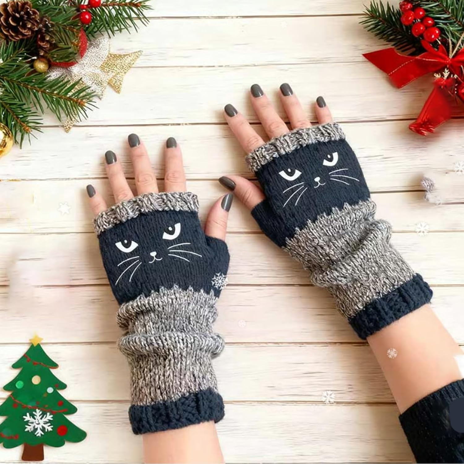 Cozy Cat Tastic Gloves, Knitted Fingerless Gloves for Women