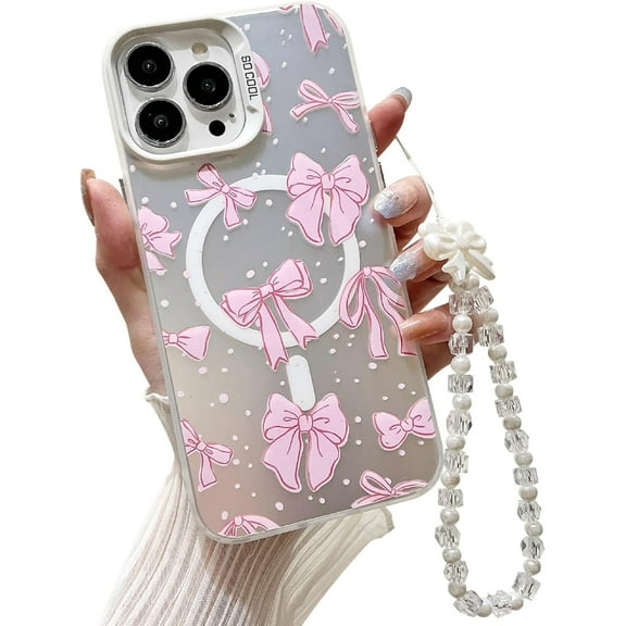 Magnetic Case for iPhone 11 Pro Case[Compatible with Magsafe],Cute Bow Tie Ribbon Laser Design with Chain,Soft TPU Camera Lens Protection Slim Thin Phone Cover for Girls Women-Pink