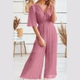 thumbnail image 2 of 3/4 Sleeve Jumpsuit for Women V-Neck Dressy Bodysuit Elastic High Waist Loose Wide Leg Casual Rompers, 2 of 6