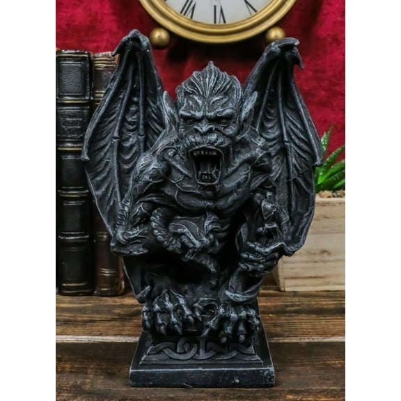 Gothic Winged King Kong Ape Man Gargoyle Perching On Celtic Pedestal Figurine