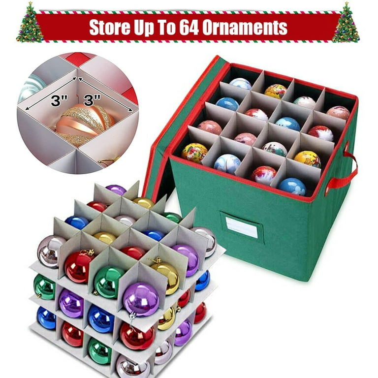 ZOBER Christmas Ornament Storage Box - Stores 96 Ornaments W/ 2 Sided  Zipper - Flexible Plastic Christmas Ornament Storage Containers - 3 Inch  Cube