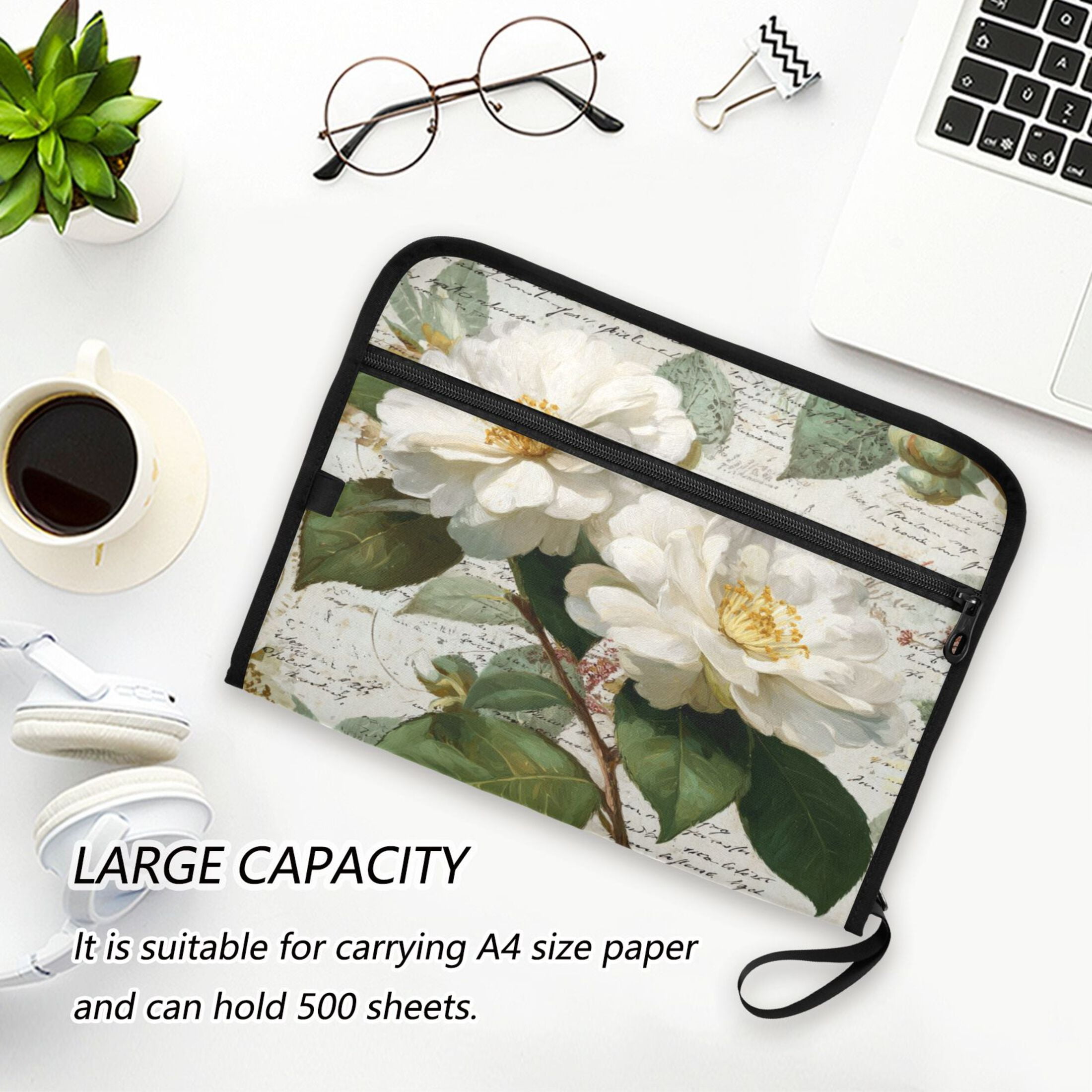 Accordion File Organizer with Zip Closure 13 Pockets Expanding File Folder Letter A4 Paper Document Organizer for Home Office Vintage White Camellias