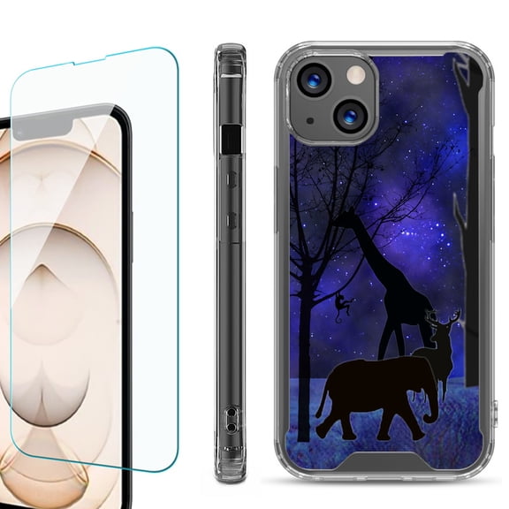Shockproof Bumper Phone Case for iPhone 13, with Tempered Glass Screen Protector, by OneToughShield ® - Midnight Safari