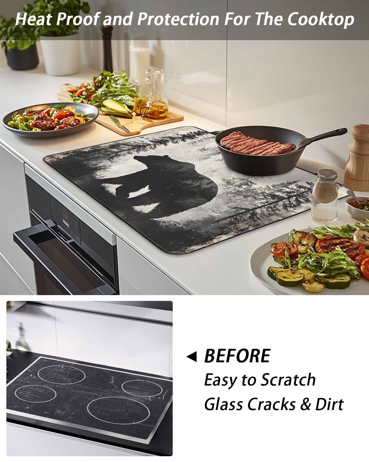 Stove Top Covers for Electric Stove, Brown Bear Glass Stovetop Cover Protector, Retro Forest Nature Tree Silhouette Mountain Induction Cooktop Protector Oven Mat for Kitchen Countertop 24"x21"