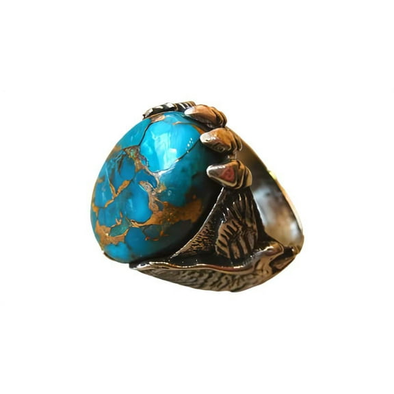 Blue Copper Turquoise Mans Ring, Natural Copper Turquoise Ring, Eagle Jewelry, 925 Silver Ring, Birthday Gift, Heavy Mens Ring, Arabic Design, Ottoman Style Ring, Christmas, Turkey Mens Signet Ring