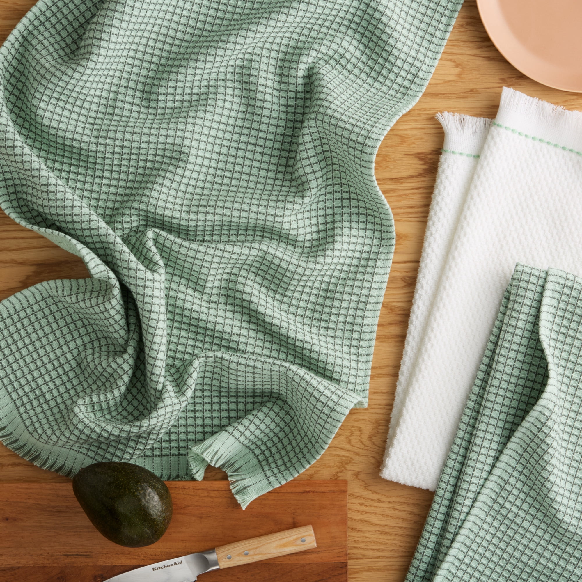 KITCHENAID Gourmet Series Gridlines Kitchen Towels 3-Pack Set, 100% Cotton Absorbent, Pistachio Green, 18"x28"