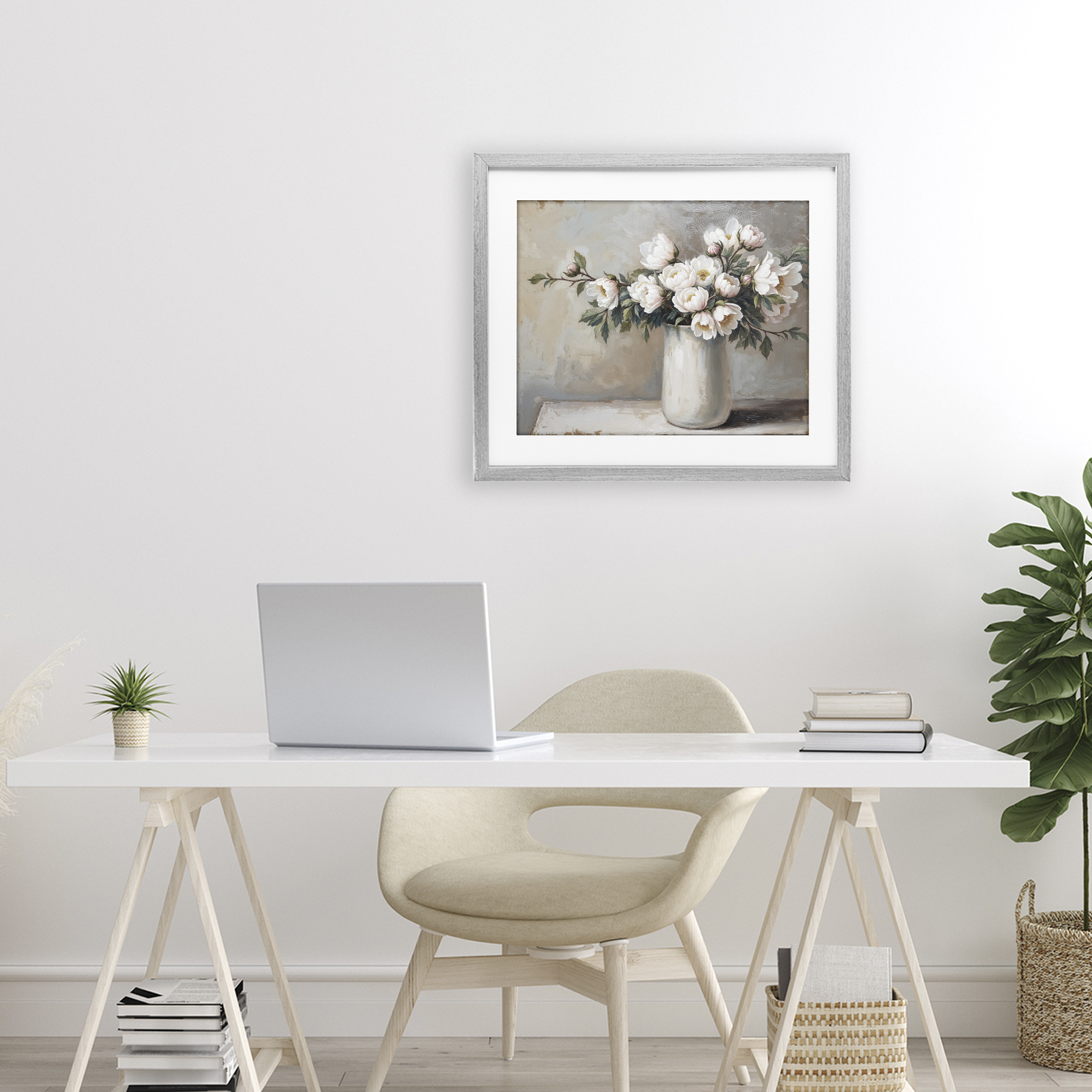 White Flowers in Vase Still Life Gray Framed Print Under Glass, design by Lettered and Lined