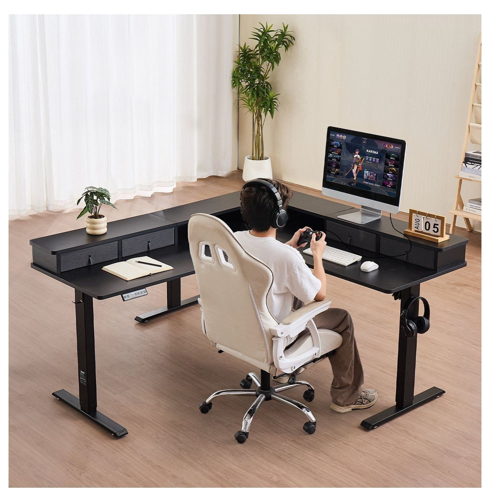 Electric L Shaped Desk, Adjustable Height Corner Desk with Drawers, Gaming Computer Desk, 63x55'' Standing Desk with Storage, Home Office Desk