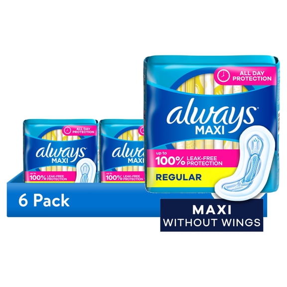 (6 pack) Always Maxi Pads without Wings, Size 1, Regular Absorbency, 48 Count