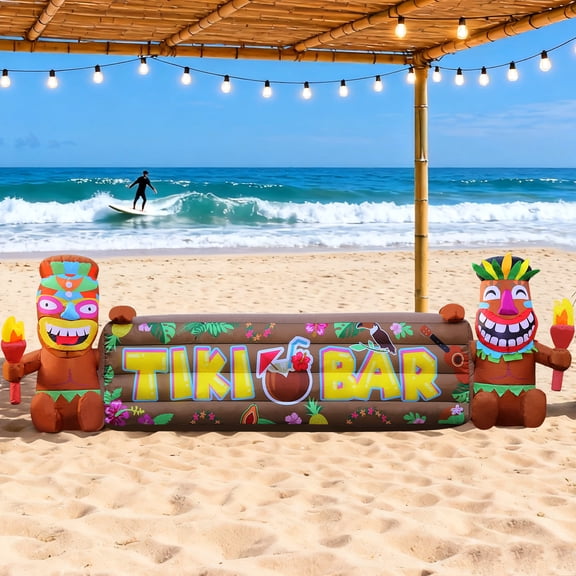 7FT Tiki Luau Inflatables, Two Tiki Hold Tiki Bar, Blow up Party Beach Decor Hawaiian Party Giant Yard Decoration, Outdoor Built-in LED Lights Lawn Holiday Summer Tropical Outside