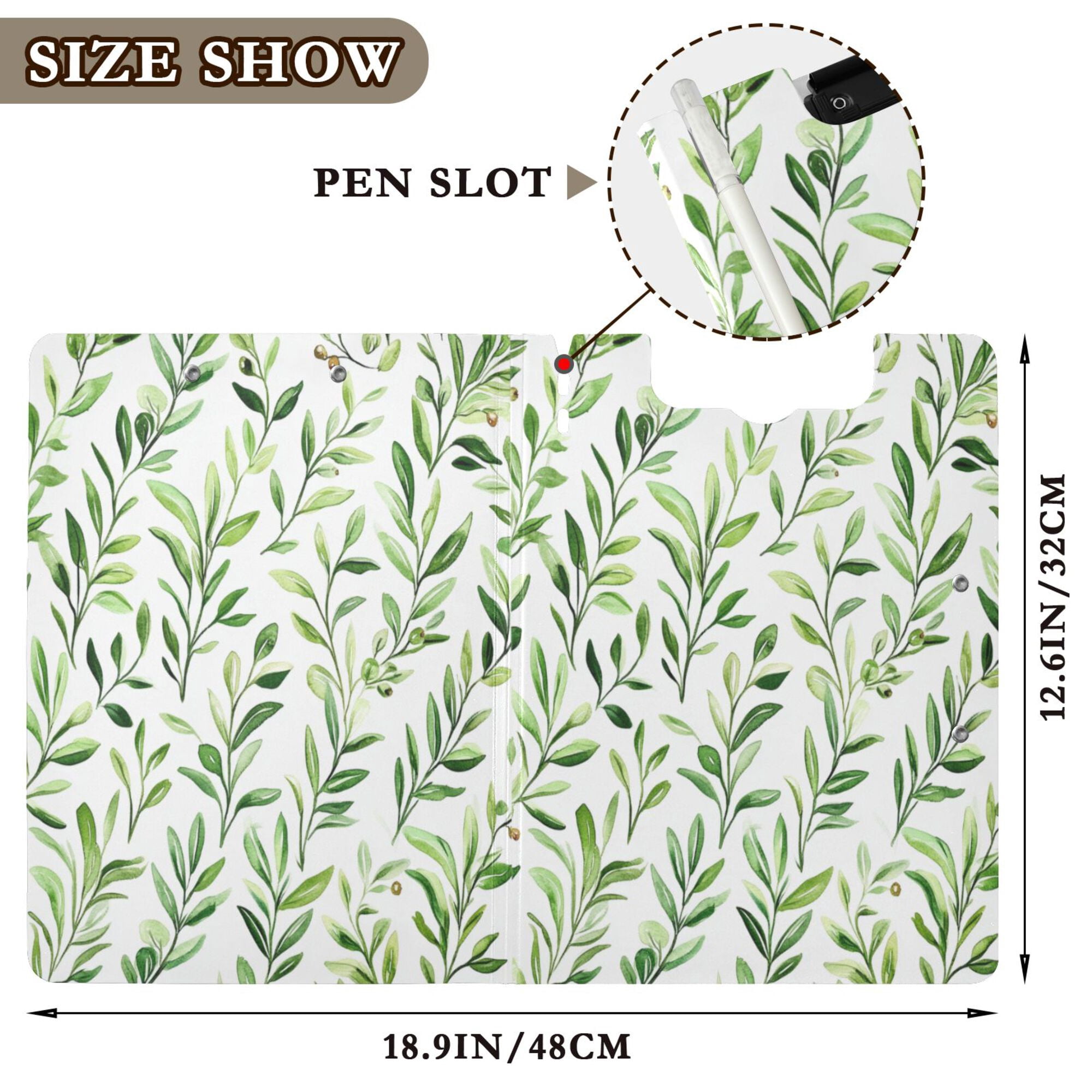 FORMRS A4 Clipboard Folder with Pen Holder Horizontal Foldable School Office Binder, Green Leafy Pattern