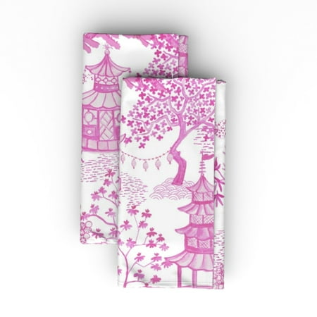 

Linen Cotton Canvas Dinner Napkins (Set of 2) - Pink Floral Lanterns Magenta Chinoiserie Pagoda Forest Pinks Print Cloth Dinner Napkins by Spoonflower