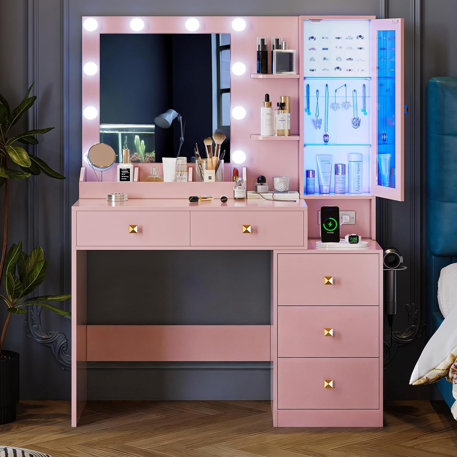 FANRAL Vanity Desk with RGB Ambient Light,LED Mirror & Charging Station,Small Dressing Table with Glass Cabinet & Ample Storage for Bedroom Grooming,Pink Vanity